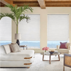 Motorized cellular shades in a bright living room